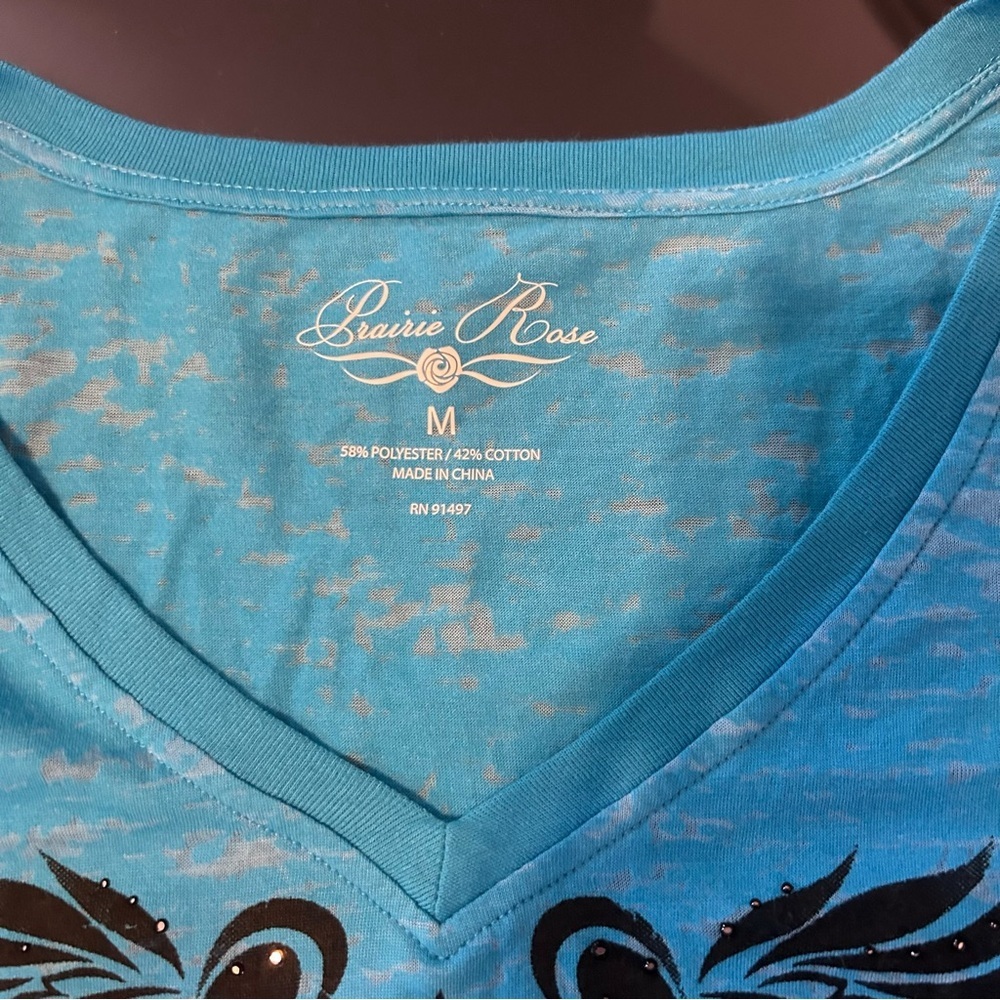🪽Y2K Prairie Rose Blue Angel Wing Burnout Graphic Tee Size L - Picture 4 of 4